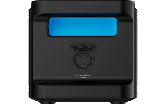 Black rectangular device with rounded corners, blue rectangular display at top, circular port with hinged cover below, text 'EXTRA BATTERY PORT'