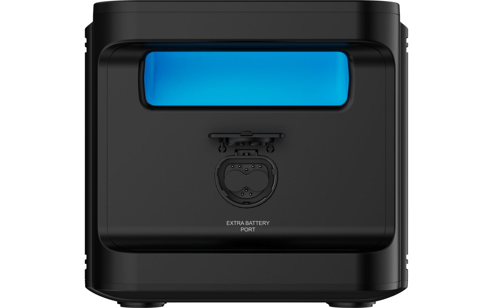 Black rectangular device with rounded corners, blue rectangular display at top, circular port with hinged cover below, text 'EXTRA BATTERY PORT'