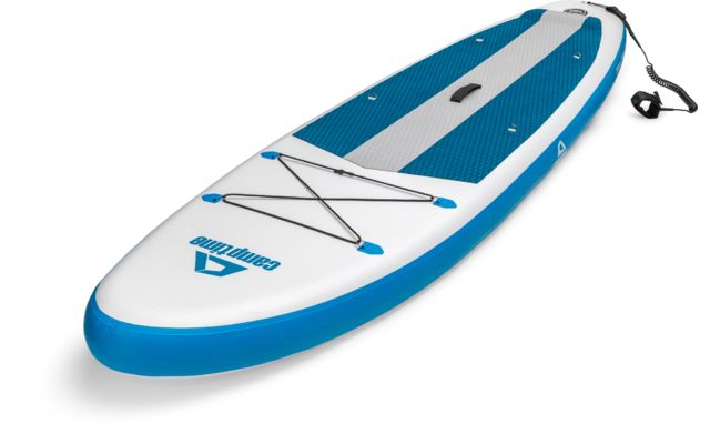 Blau-weißer Stand-up-Paddle-Board mit Leine und Gepäcknetz