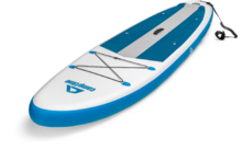 Blau-weißer Stand-up-Paddle-Board mit Leine und Gepäcknetz