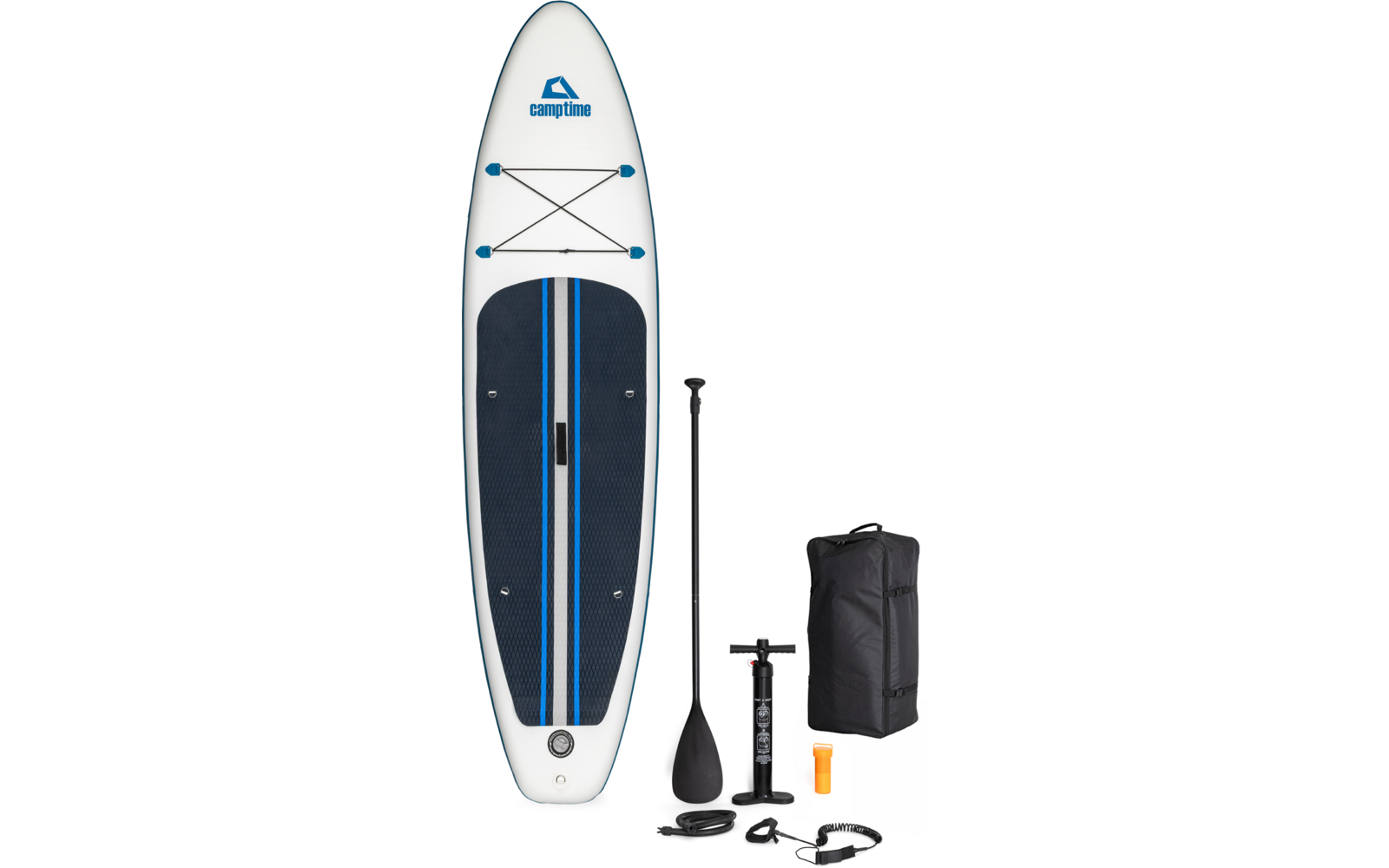 Planche de stand-up paddle avec pagaie, pompe à main, sac de transport, leash et petit kit de réparation sur fond blanc