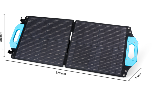Aufgeklapptes faltbares Solarpanel mit zwei rechteckigen Solarzellen und blauen Griffen an beiden Enden, Maße 575 mm Länge und 280 mm Breite