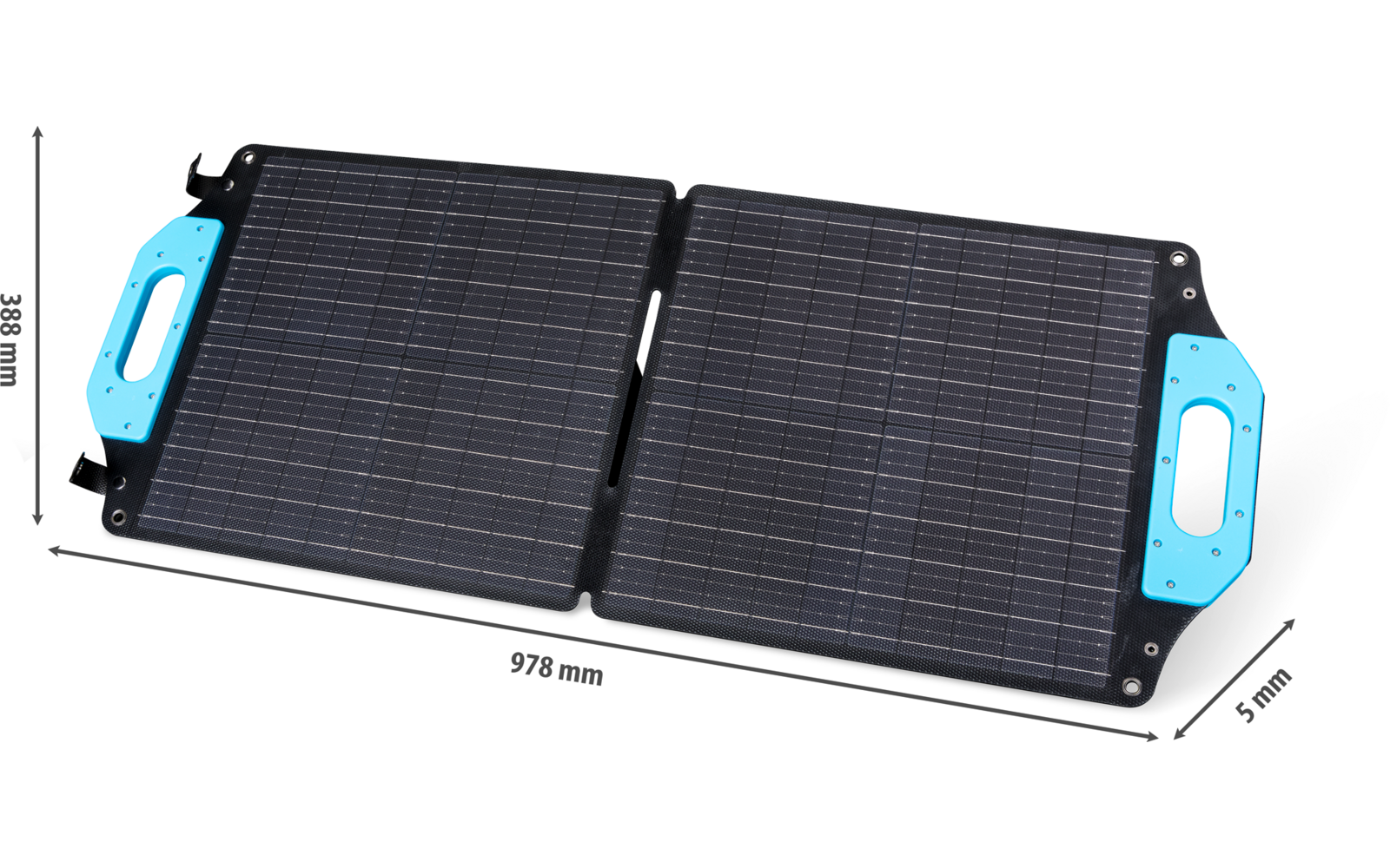 Aufgeklapptes faltbares Solarpanel mit zwei rechteckigen Solarzellen und blauen Griffen an beiden Enden, Maße 575 mm Länge und 280 mm Breite
