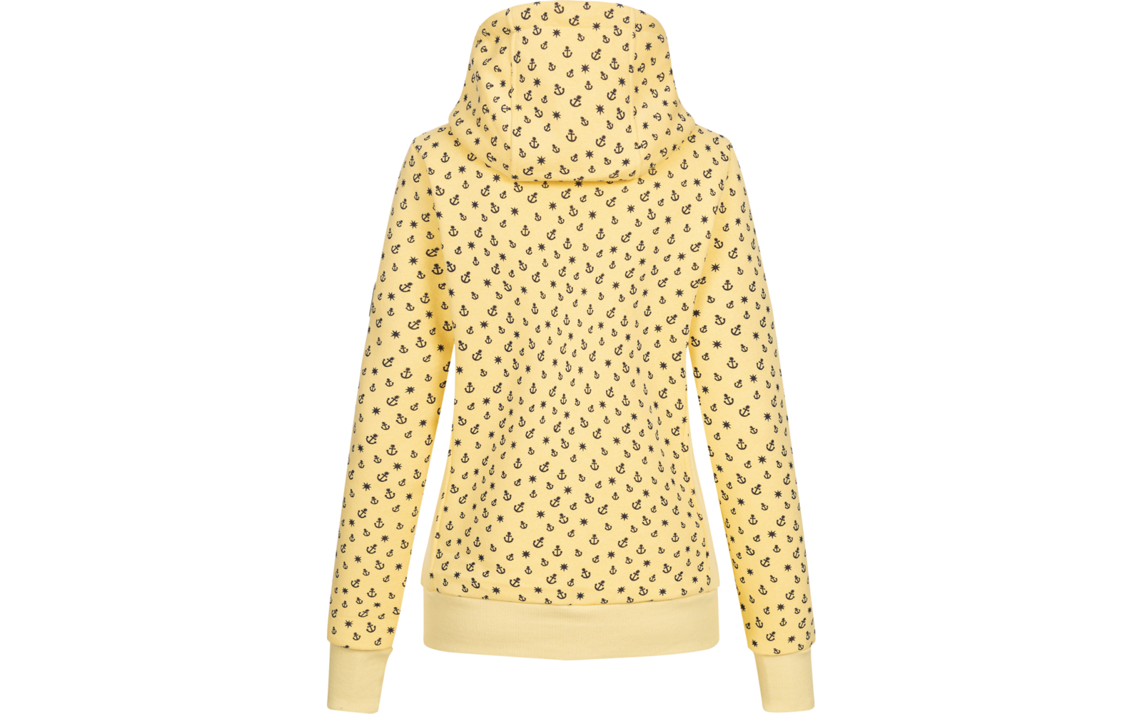 Gelber Pullover mit Kapuze und schwarzen Punkten