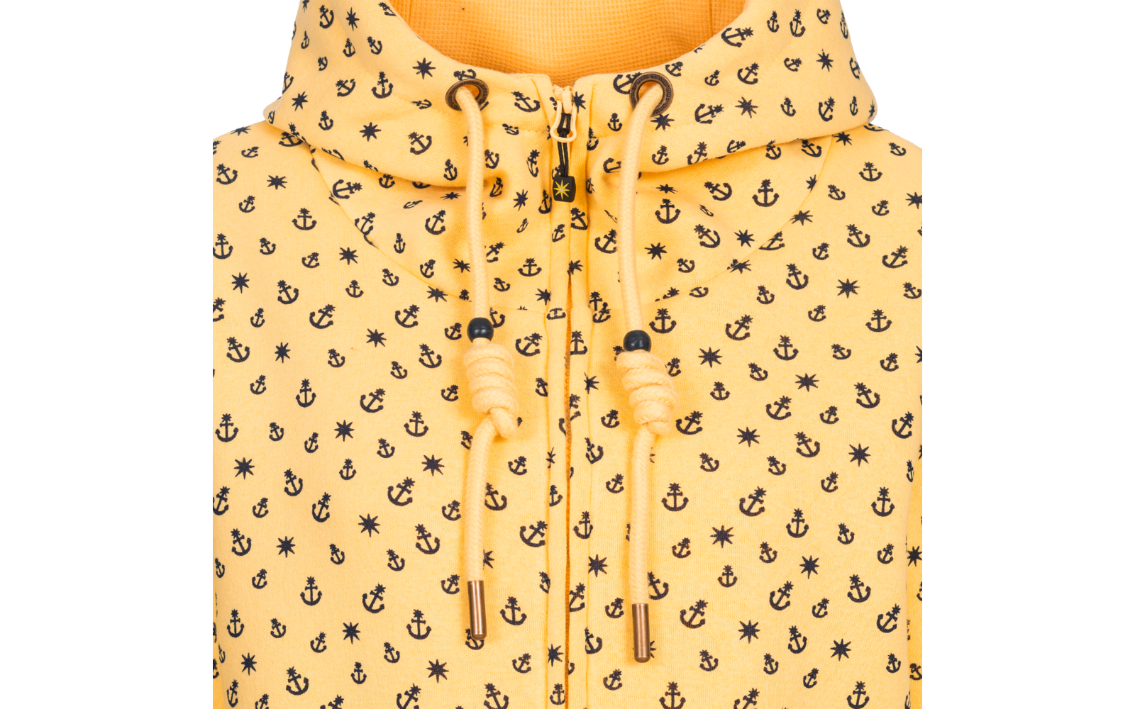 Gelber Kapuzenpullover mit schwarzem Anker-Muster und Tunnelzug am Hals