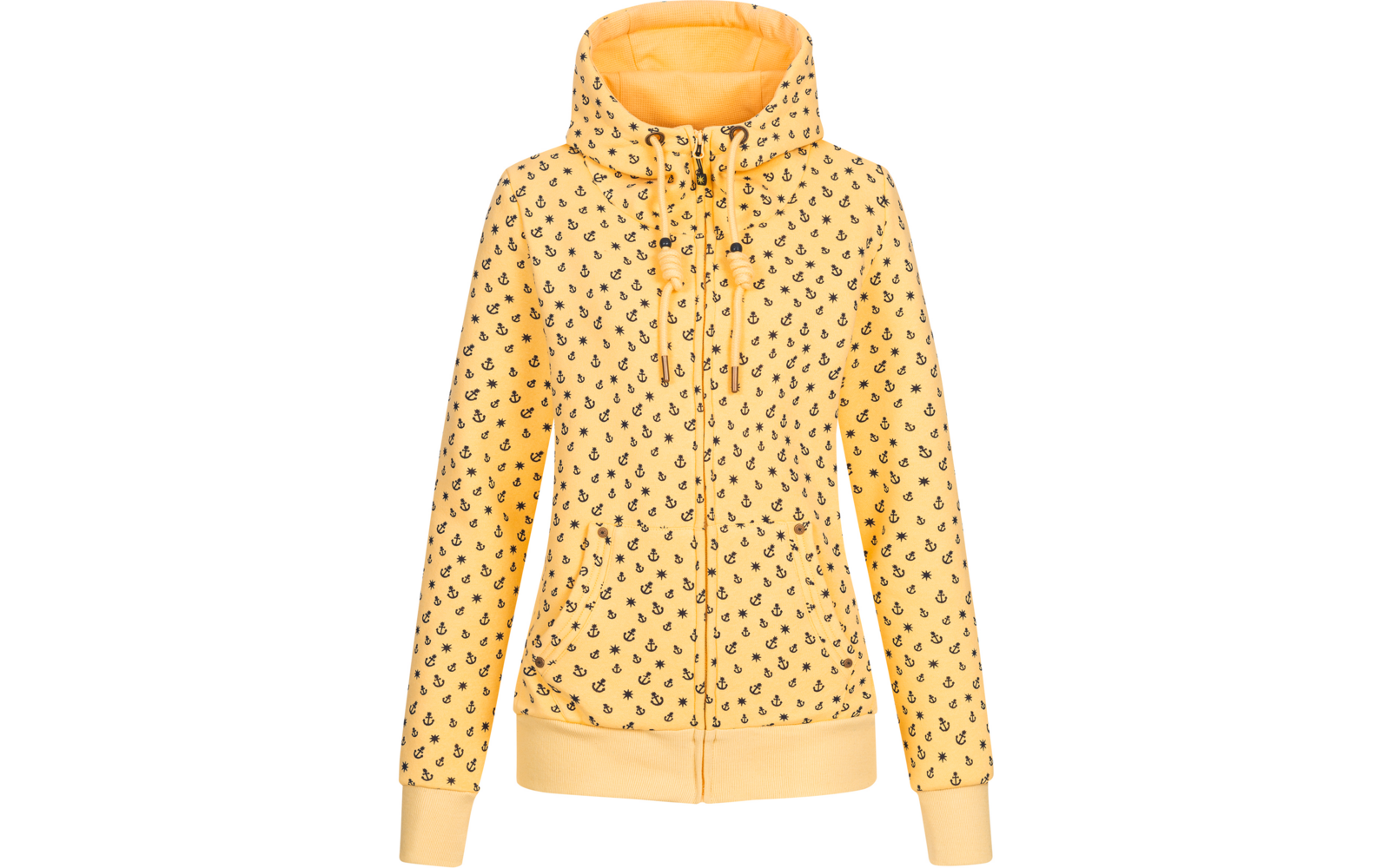 Gelbe Kapuzenjacke mit schwarzen Punkten und Reißverschluss