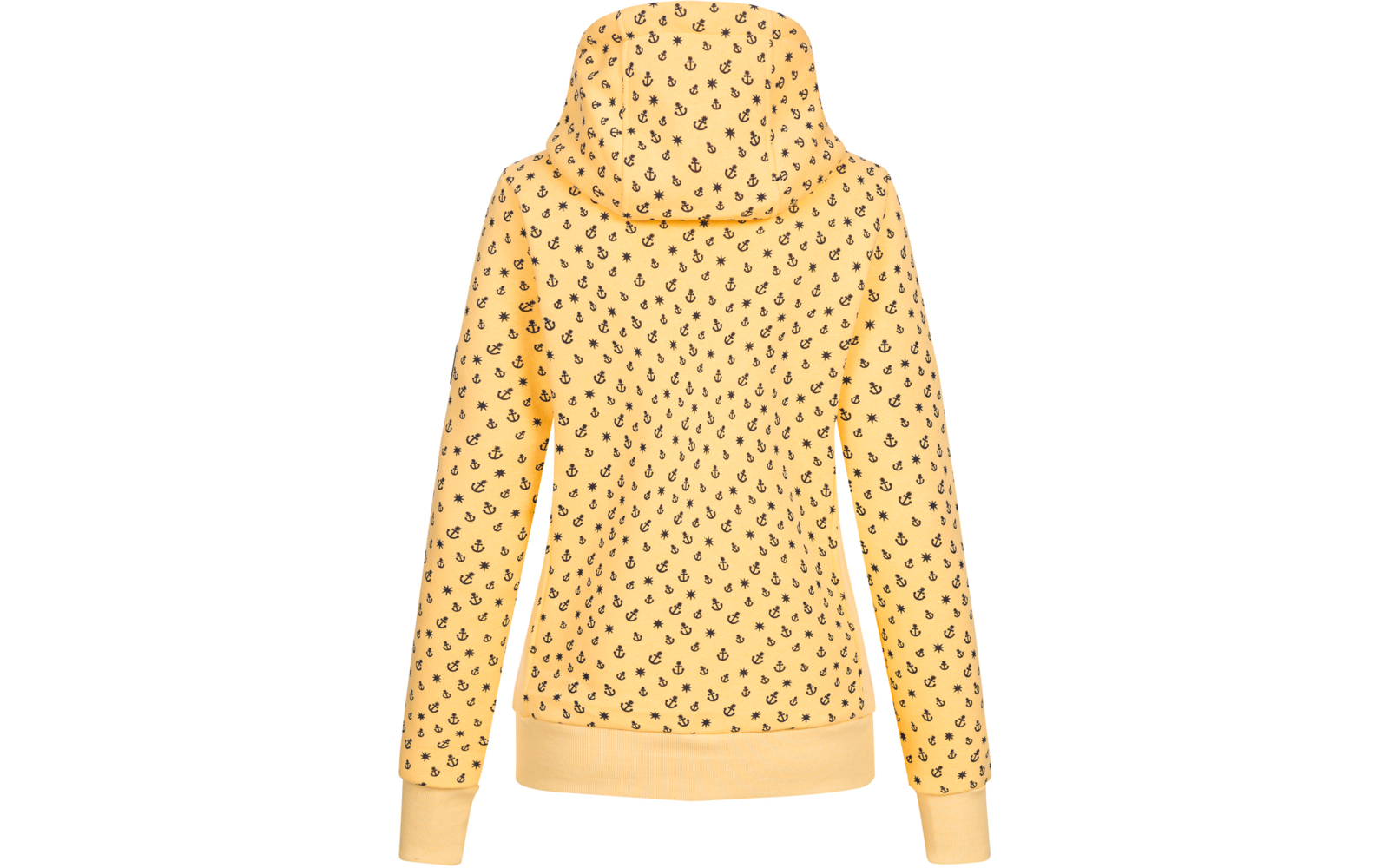 Gelber Pullover mit Kapuze und schwarzen Punkten