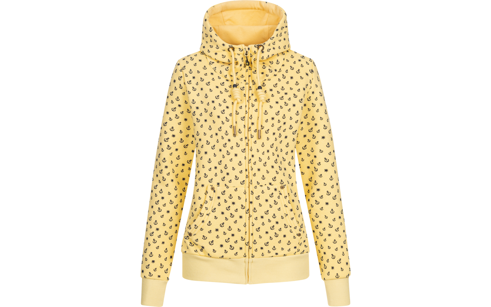 Gelbe Kapuzenjacke mit schwarzen Punkten und Reißverschluss