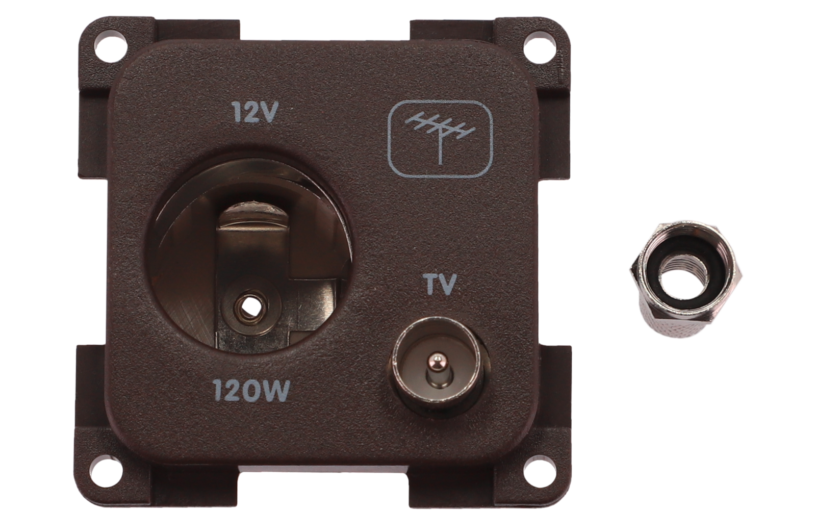 Braune quadratische Platte mit links einer runden 12V-Buchse, Beschriftungen '12V' und '120W', rechts einer Koaxial-TV-Buchse mit 'TV'-Beschriftung und Antennensymbol, vier Schraublöcher an den Ecken und eine Metallmutter rechts