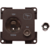 Braune quadratische Platte mit links einer runden 12V-Buchse, Beschriftungen '12V' und '120W', rechts einer Koaxial-TV-Buchse mit 'TV'-Beschriftung und Antennensymbol, vier Schraublöcher an den Ecken und eine Metallmutter rechts