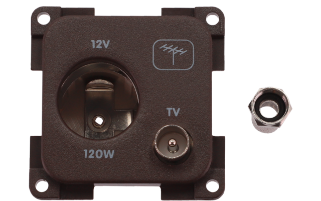 Braune quadratische Platte mit links einer runden 12V-Buchse, Beschriftungen '12V' und '120W', rechts einer Koaxial-TV-Buchse mit 'TV'-Beschriftung und Antennensymbol, vier Schraublöcher an den Ecken und eine Metallmutter rechts