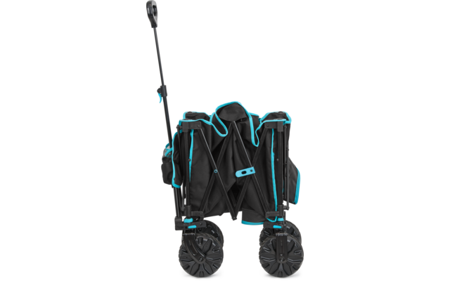 Schwarzer Bollerwagen mit blauen Akzenten und aufgeladenem Stativ