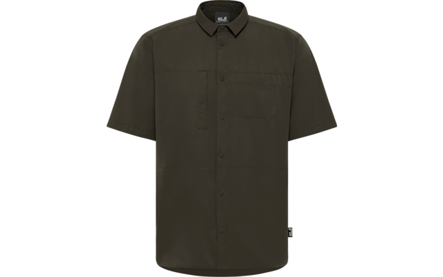 Kurzärmeliges olivgrünes Hemd mit Kragen, durchgehender Knopfleiste, aufgesetzter Brusttasche und kleinem Seitenschild