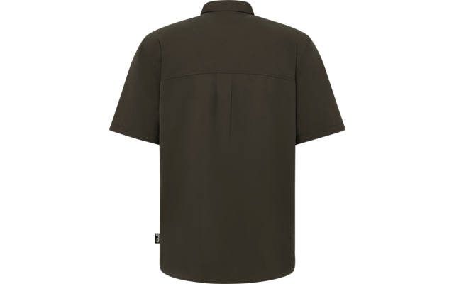 Rückansicht eines kurzärmligen, olivgrünen Hemds mit Schulterpasse, mittiger Kellerfalte und kleinem Markenlabel an der Seite