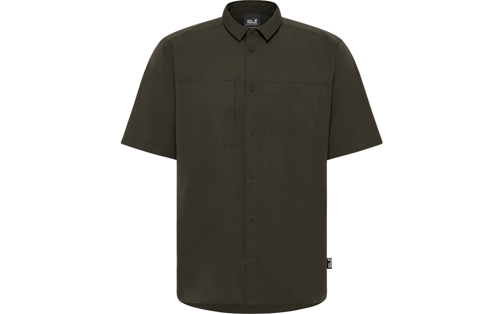 Kurzärmeliges olivgrünes Hemd mit Kragen, durchgehender Knopfleiste, aufgesetzter Brusttasche und kleinem Seitenschild