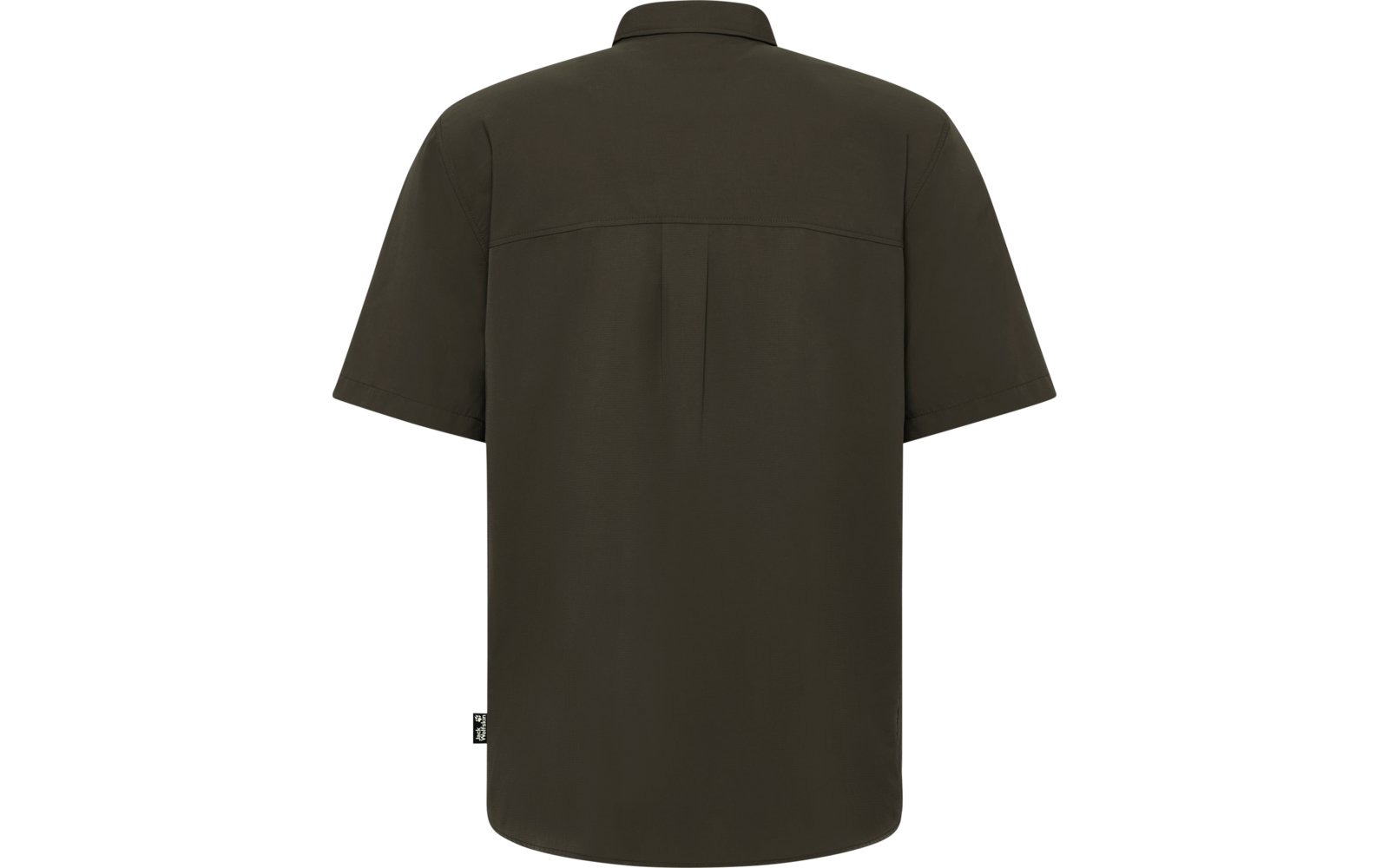 Rückansicht eines kurzärmligen, olivgrünen Hemds mit Schulterpasse, mittiger Kellerfalte und kleinem Markenlabel an der Seite