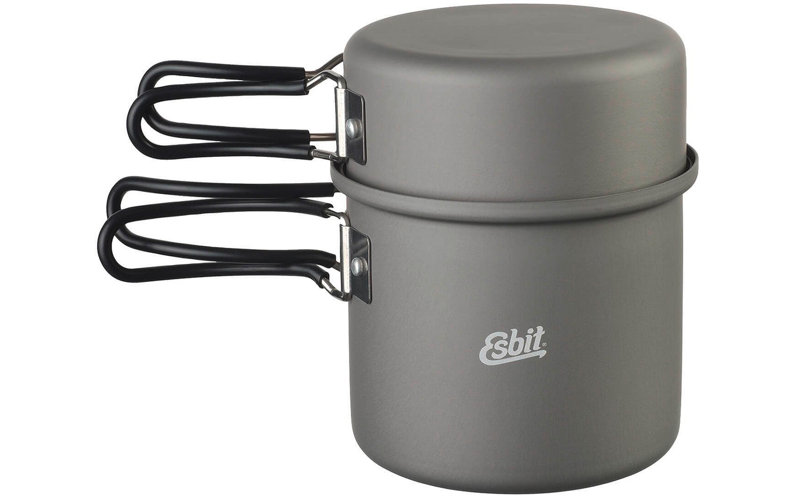 Zwei graue Töpfe mit schwarzen Griffen ineinander gestapelt