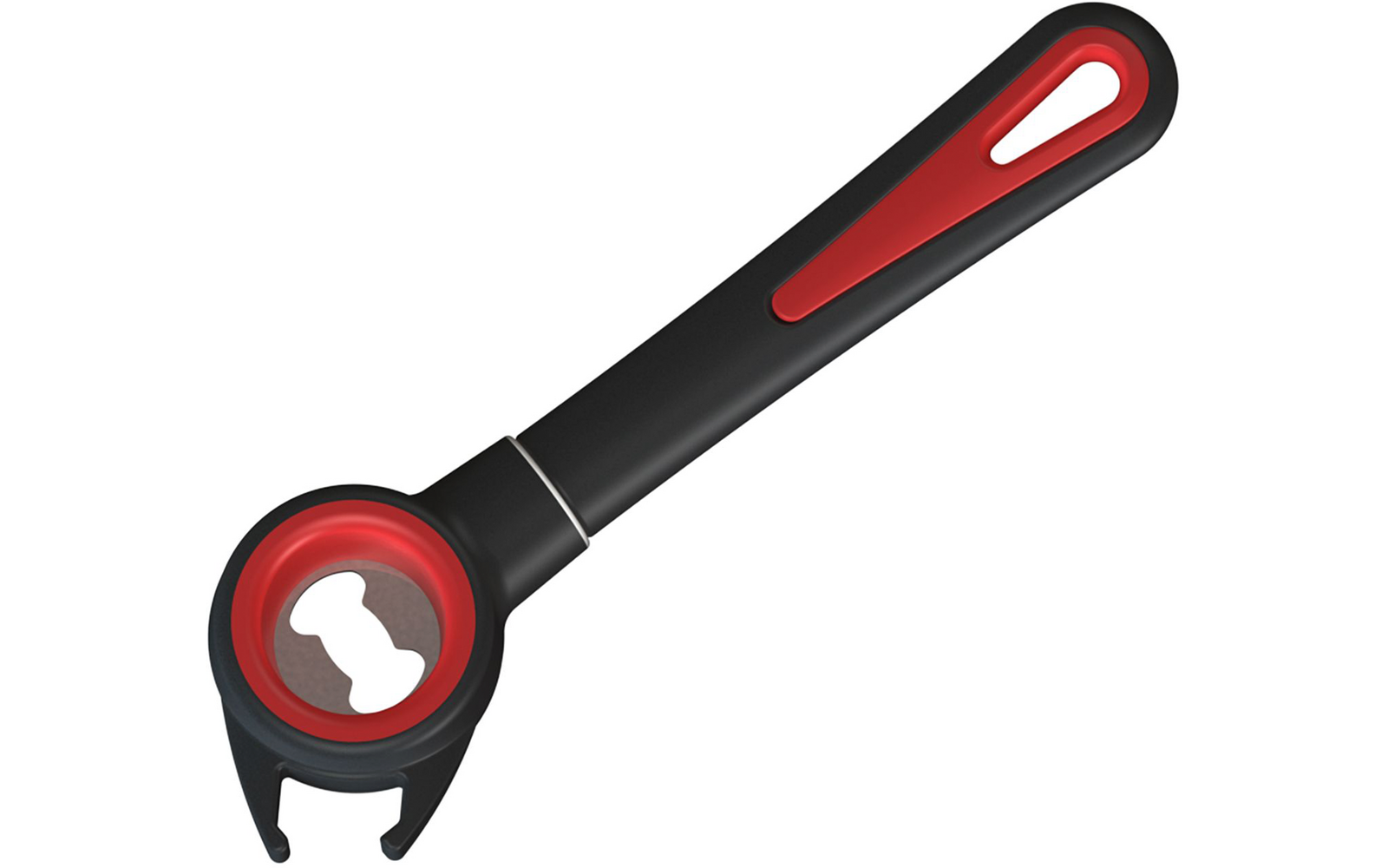 Poignée en plastique noir et rouge avec anneau métallique rond à deux découpes, longue poignée avec trou ovale pour suspendre