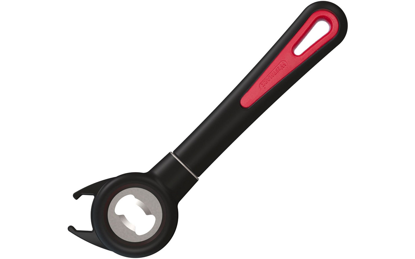 Poignée en plastique noire avec insert en caoutchouc rouge, à l'extrémité une tête métallique ronde avec une ouverture en forme de serrure et deux crochets latéraux