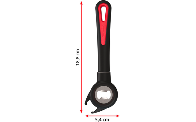 Poignée noire en plastique avec insert rouge et tête ronde en métal avec ouverture ; flèches rouges indiquent 18,8 cm (longueur) et 5,4 cm (largeur)