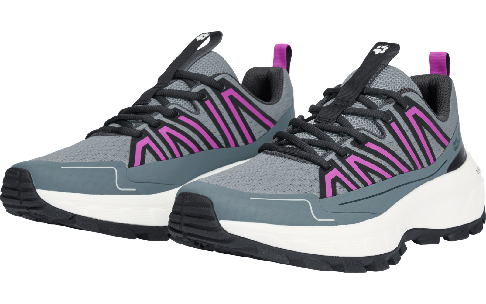 Zwei graue Sneaker mit pinken Streifen, schwarzen Schnürsenkeln und dicker weißer Sohle, seitliche Ansicht