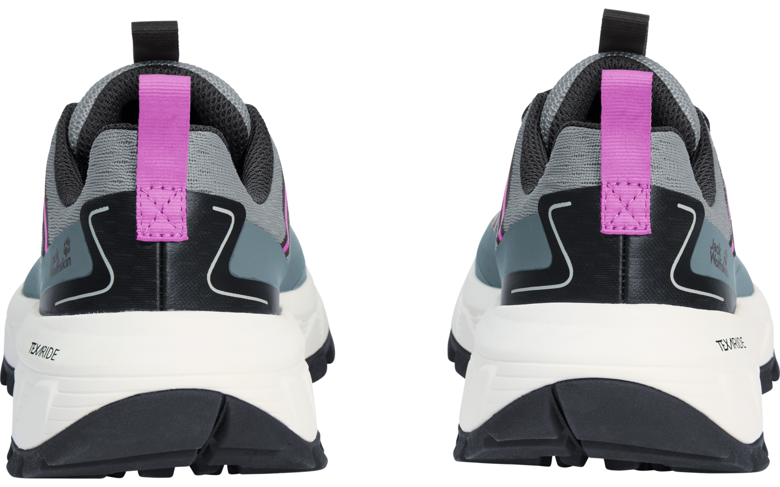 Zwei graue Sneaker von hinten, mit pinken Zuglaschen, weißen Sohlen und schwarzen Außensohlen