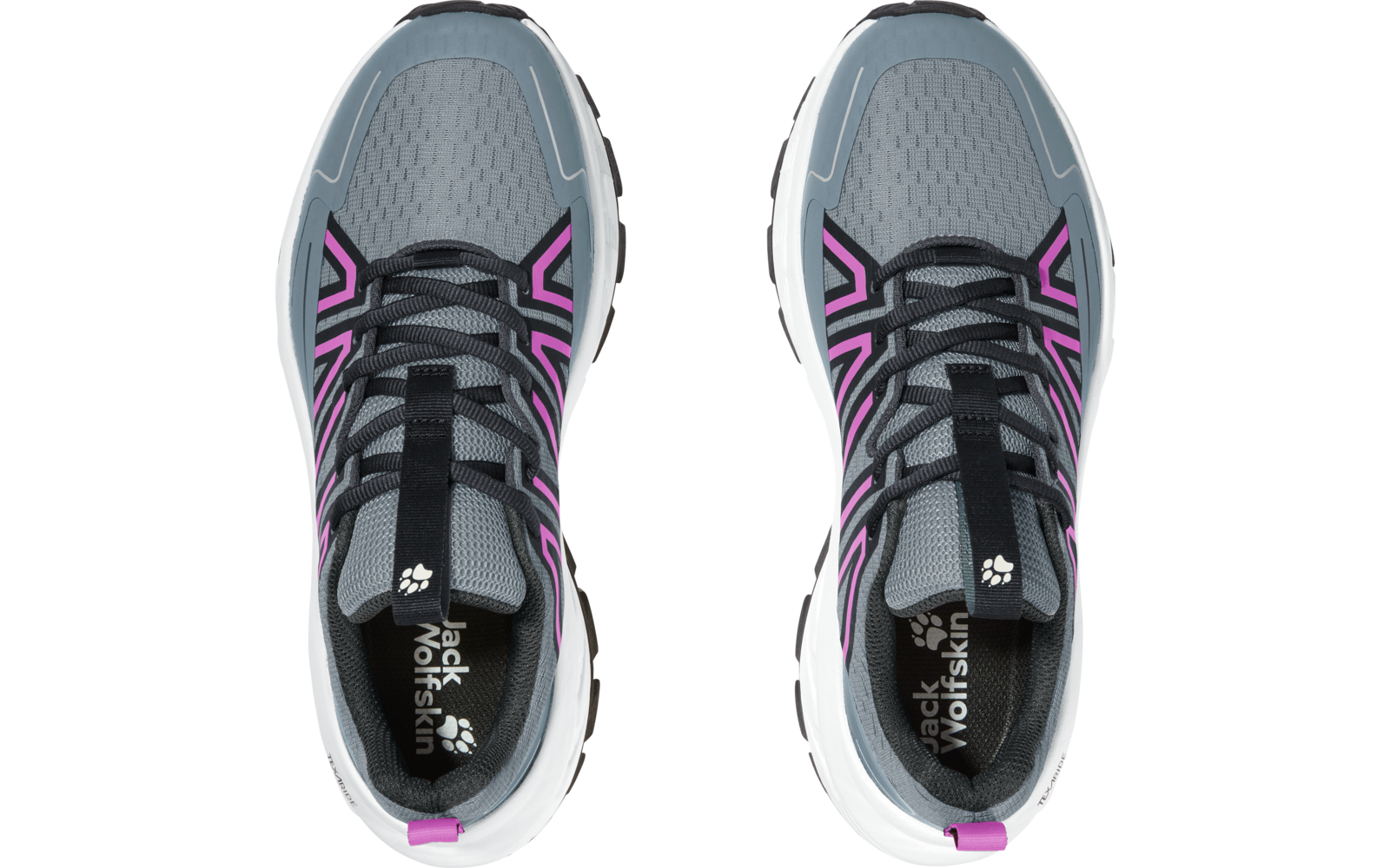 Paar grauer Schuhe, Draufsicht, schwarze Schnürsenkel, pinke Zierlinien, weiße Sohlen; Innensohlen mit Schriftzug 'Jack Wolfskin'