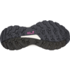 Schwarze Schuhsohle mit profiliertem Gummi, weißer Mittelbereich und rosa "Jack Wolfskin"-Logo