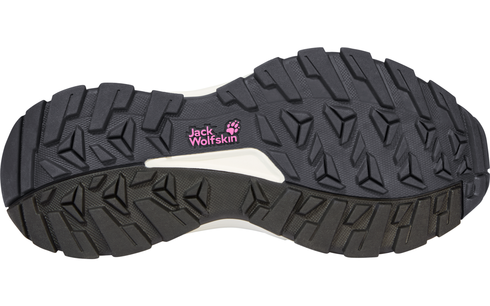Schwarze Schuhsohle mit profiliertem Gummi, weißer Mittelbereich und rosa "Jack Wolfskin"-Logo