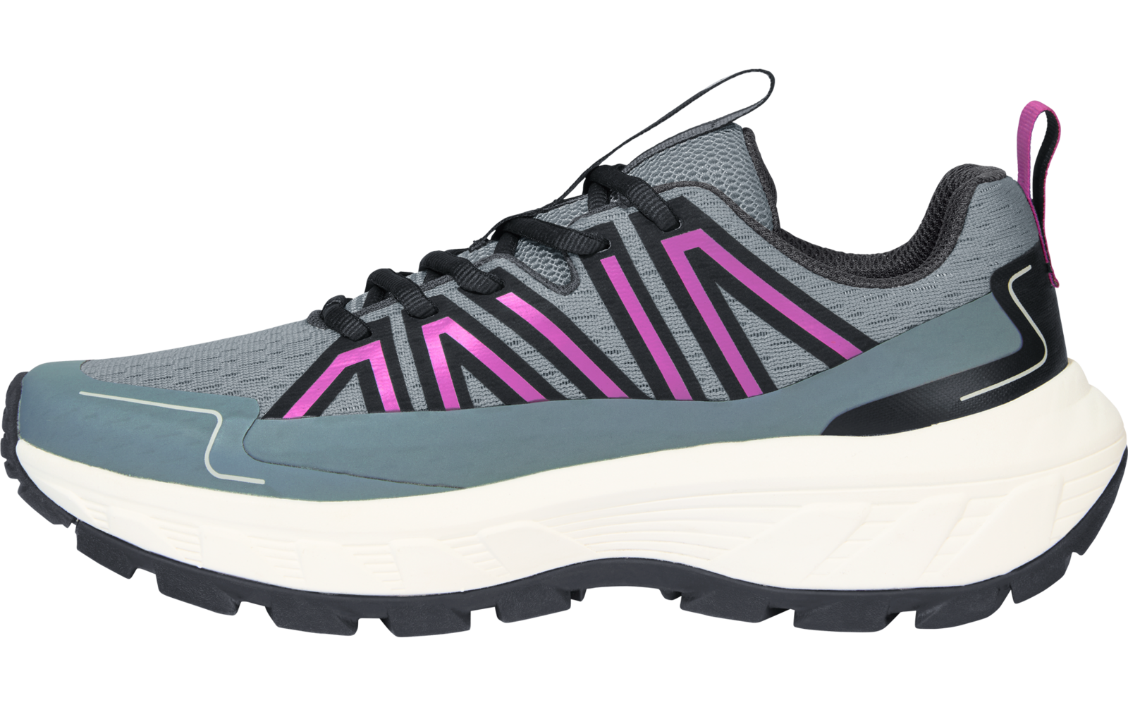 Seitenansicht eines grauen Turnschuhs mit rosa-violetten Zierstreifen, schwarzen Schnürsenkeln, weißer dicker Sohle und schwarzer Laufsohle