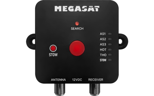 Schwarzes, quadratisches Gerät mit abgerundeten Ecken. Schriftzug "MEGASAT" oben. Rote Leuchte mit Beschriftung "SEARCH" über großer roter Taste in der Mitte. Kleine rote Taste links mit Beschriftung "STOW". Rechts vertikale Beschriftungen "AS1","AS2