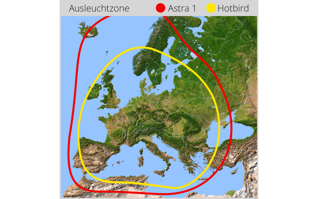 Kartenausschnitt Europas mit Relief, zwei geschwungene Linien in Rot und Gelb und eine graue Legende oben mit 'Ausleuchtzone', rotem Punkt 'Astra 1' und gelbem Punkt 'Hotbird'