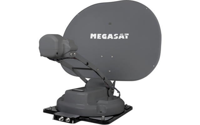 Graue Satellitenschüssel mit weißem Text 'MEGASAT', montiert auf einer Basis mit sichtbaren Anschlussbuchsen