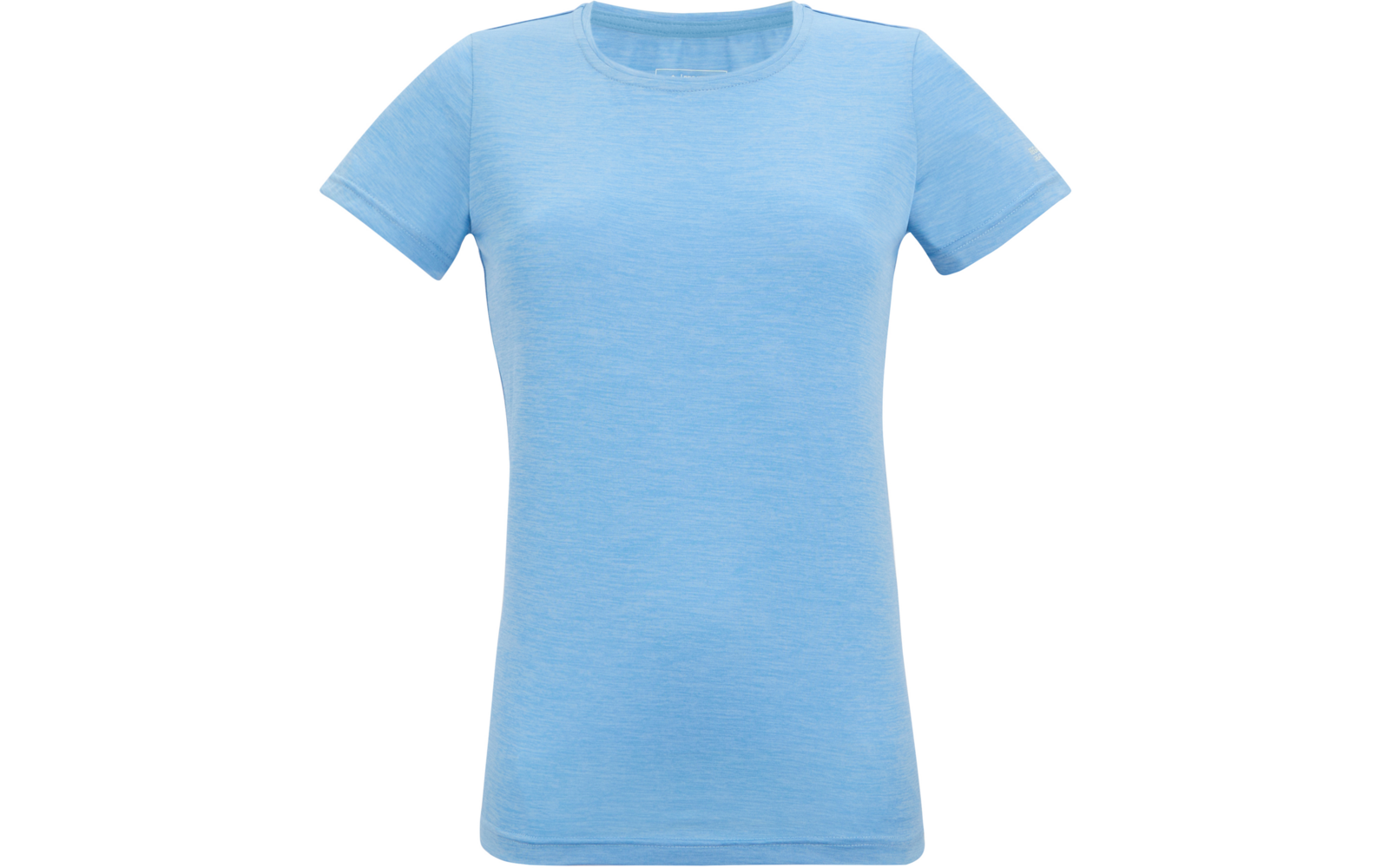 Lichtblauw T-shirt met korte mouwen en ronde hals, vooraanzicht op witte achtergrond