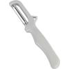 white vegetable peeler with plastic handle and metal blade
