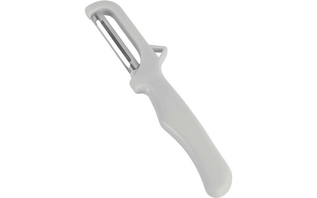 white vegetable peeler with plastic handle and metal blade