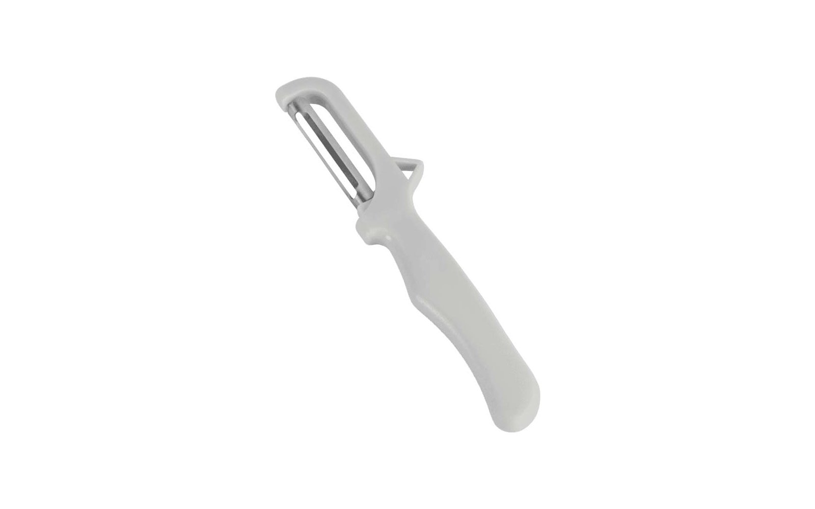 white vegetable peeler with plastic handle and metal blade