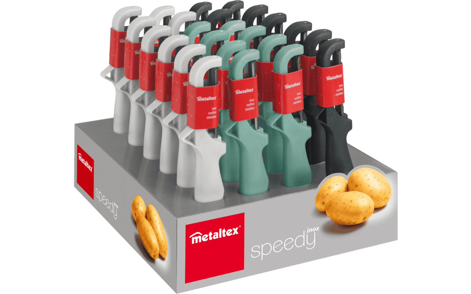 Several potato peelers in different colors on a display with potatoes
