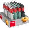 Several potato peelers in different colors on a display with potatoes