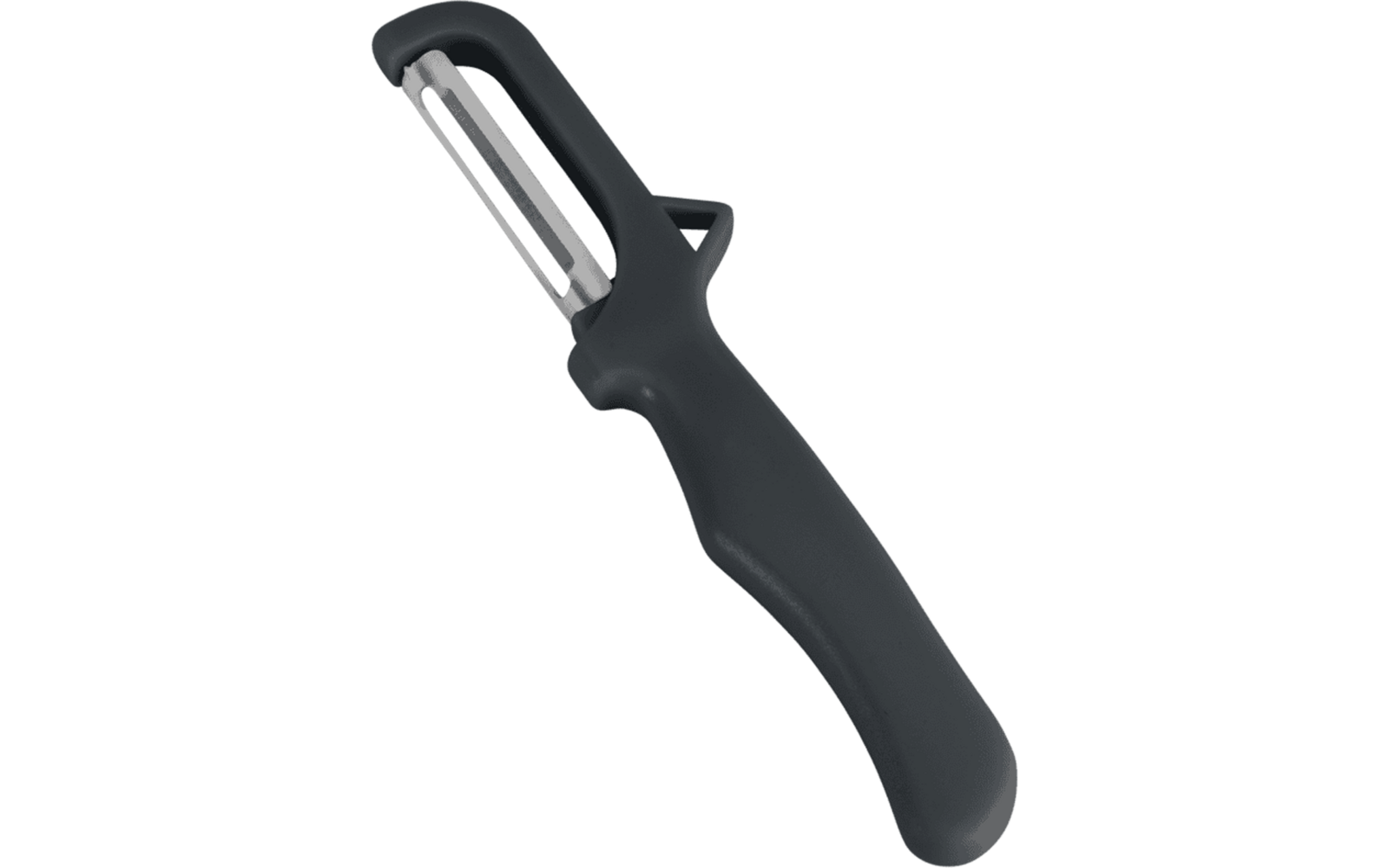 Black vegetable peeler with plastic handle and metal blade