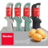 Four vegetable peelers in different colors standing behind three potatoes on a grey surface with Metaltex logo