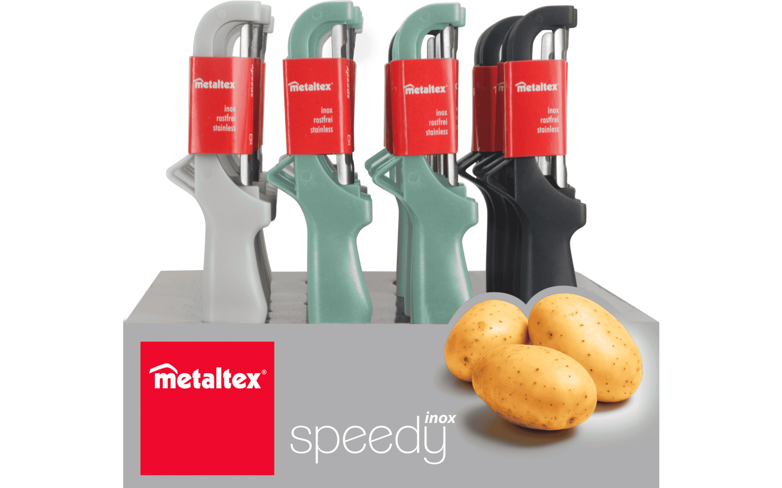 Four vegetable peelers in different colors standing behind three potatoes on a grey surface with Metaltex logo
