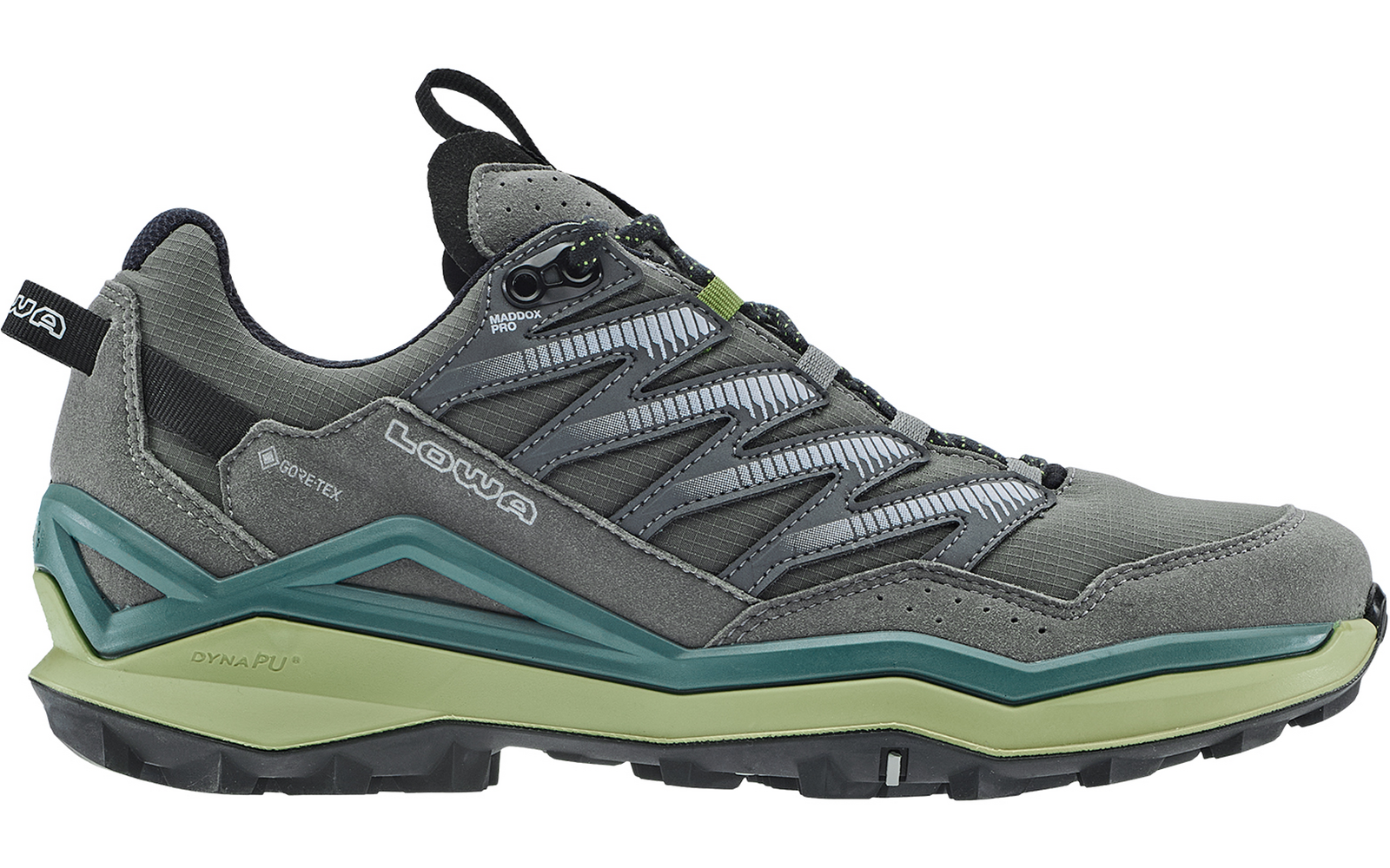 Sportschuh in Grau und Grün, seitliche Ansicht