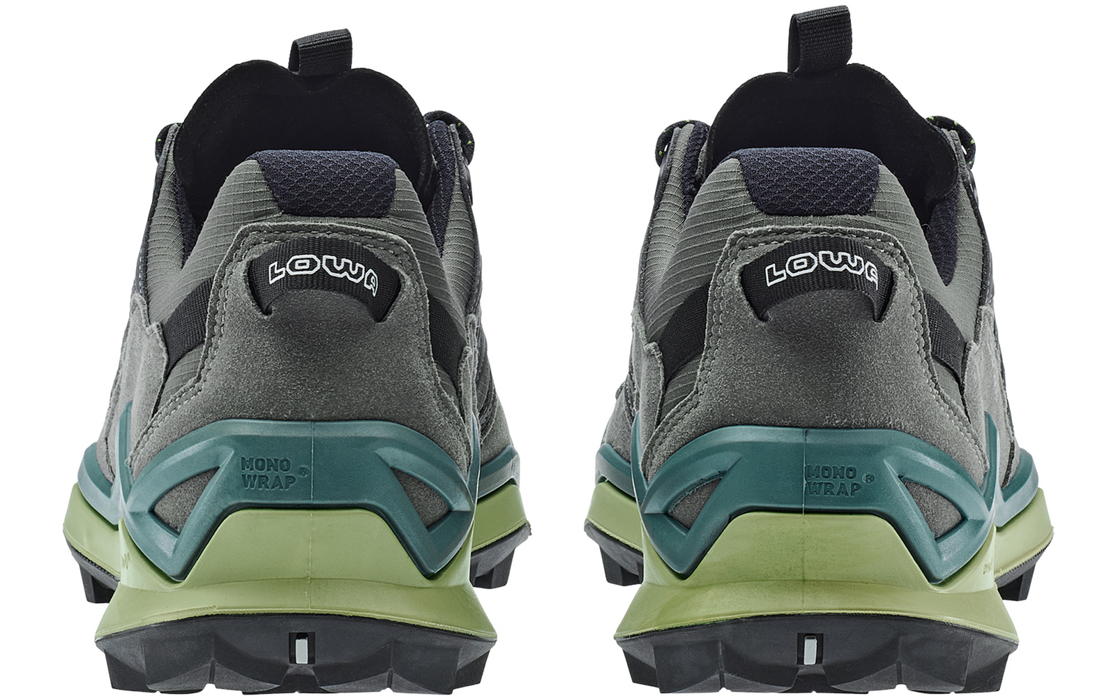 Rückansicht eines grauen Sportschuhs mit schwarzem Innenfutter und grüner Sohle