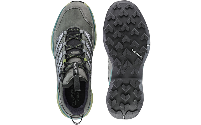 Sportlicher grauer und grüner Wanderschuh mit schwarzer, profilierter Sohle