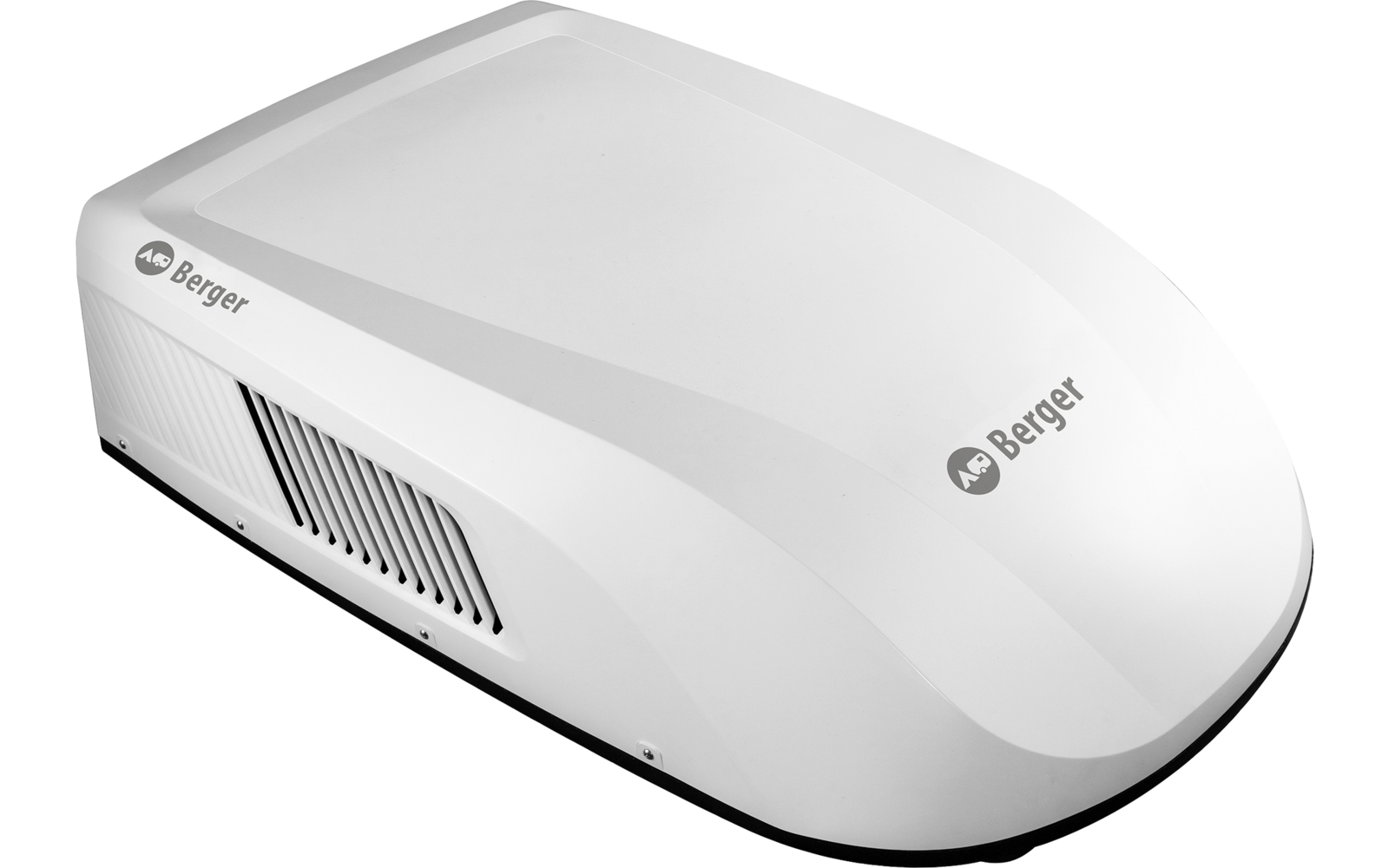 Weißes abgerundetes Gerät mit seitlichen Lüftungsschlitzen und zwei 'Berger'-Logos