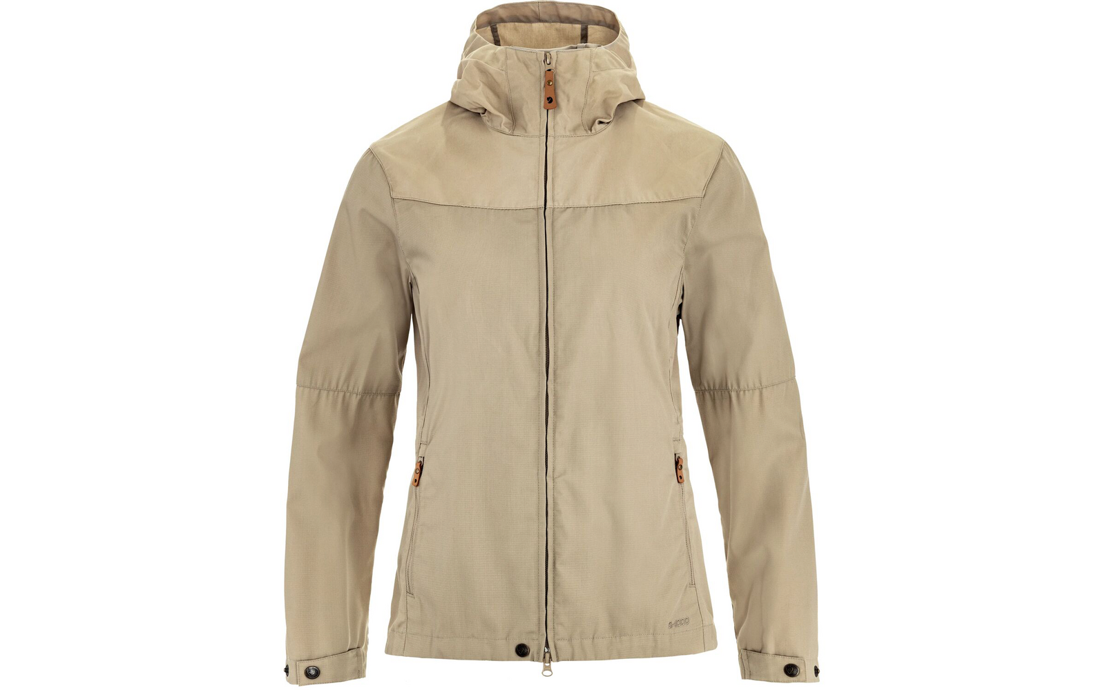 Beige capuchonjas met ritssluiting aan de voorkant, twee zijzakken met ritsen en bruine ritstrekkers, lange mouwen met drukknopen en opstaande kraag