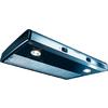 Silver rectangular under-cabinet range hood with two round lights, metal mesh filter and two switches