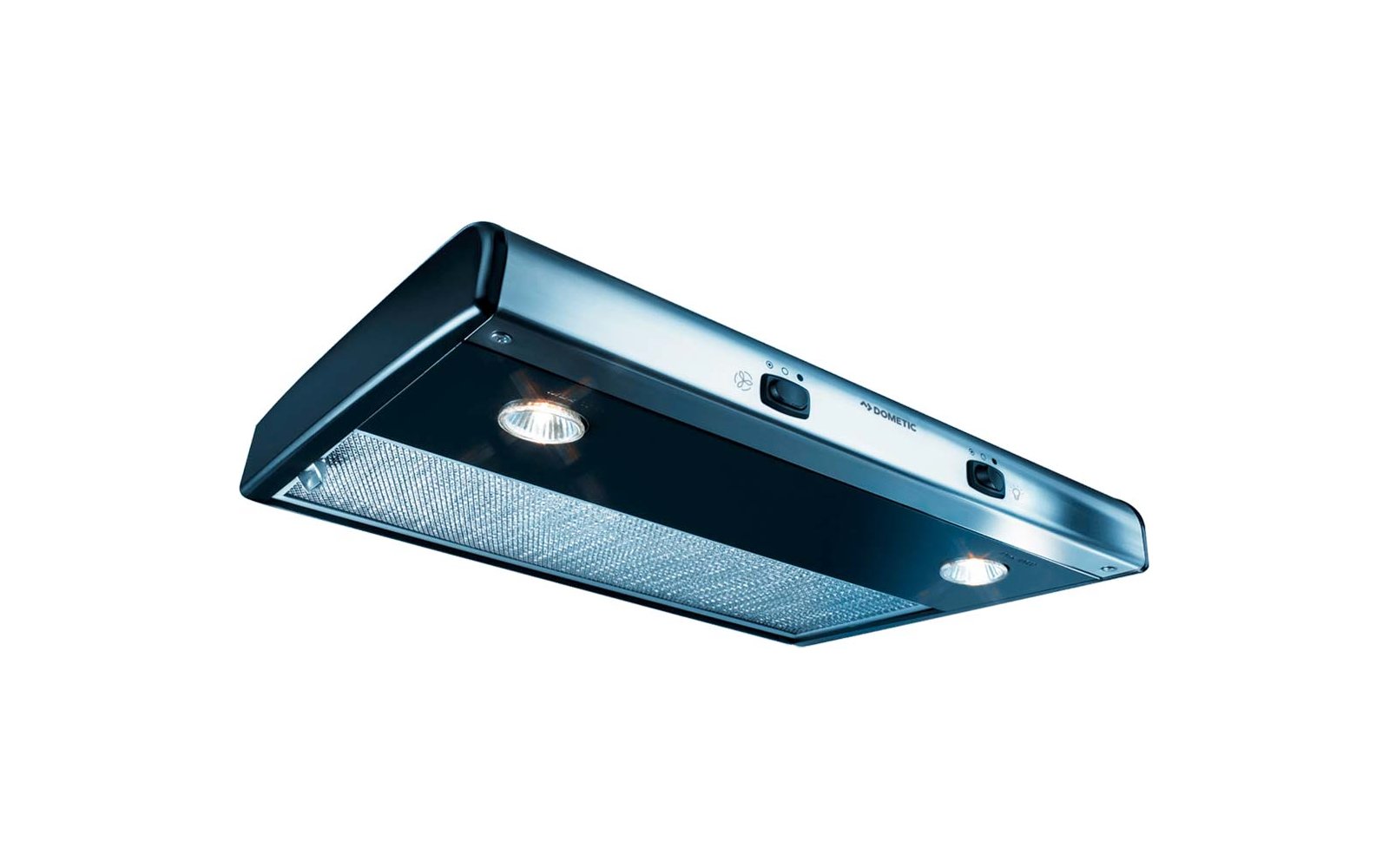 Silver rectangular under-cabinet range hood with two round lights, metal mesh filter and two switches