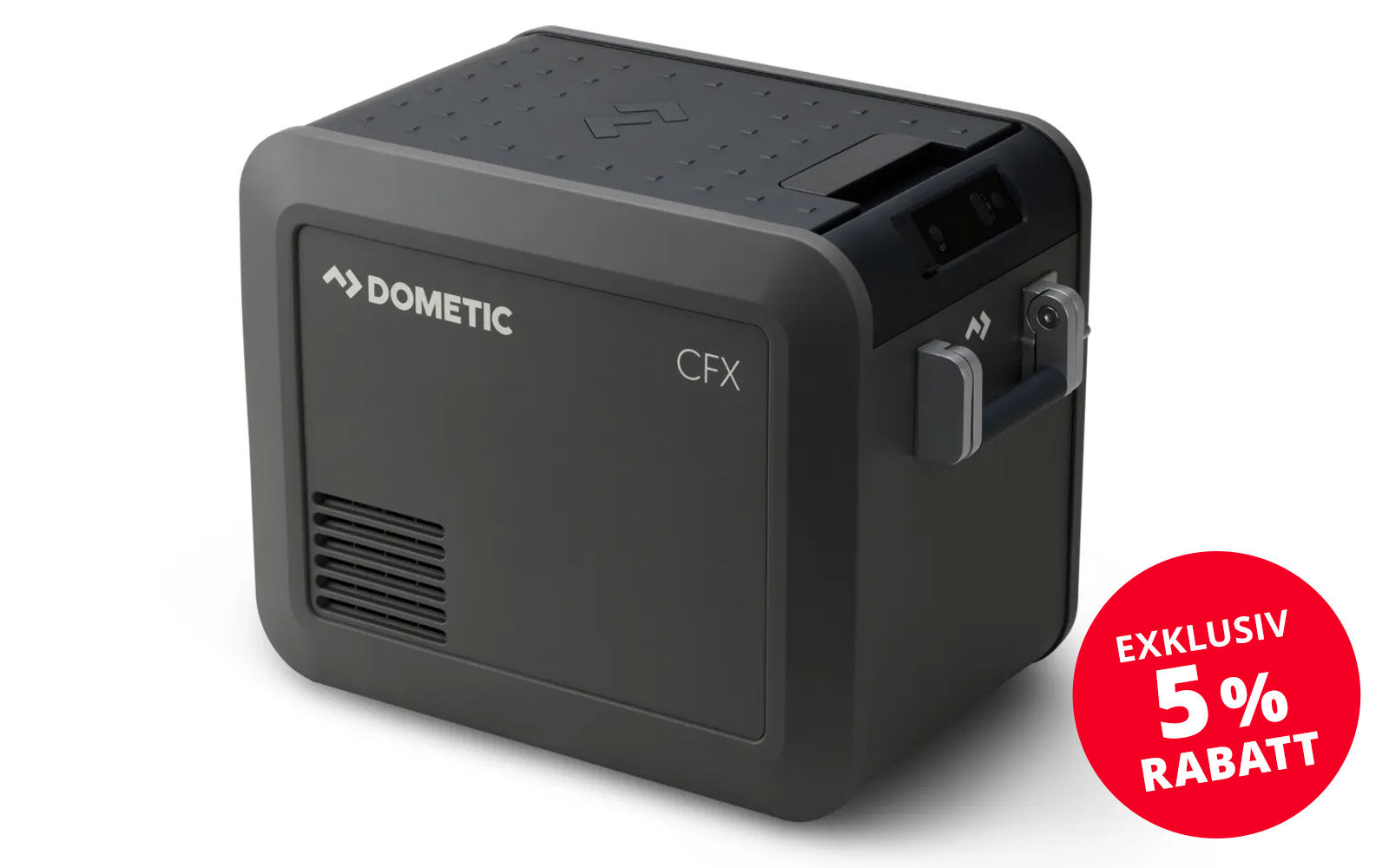 Black portable cooler box with two latches and ventilation slots